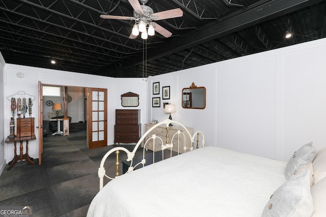 bedroom with ceiling fan and french doors