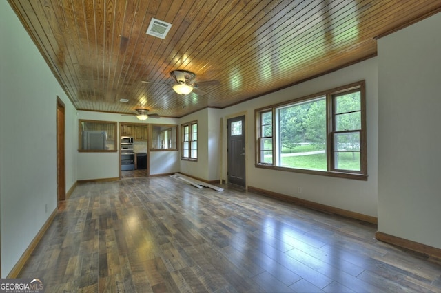 unfurnished living room with dark hardwood / wood-style flooring, ornamental molding, ceiling fan, and wood ceiling