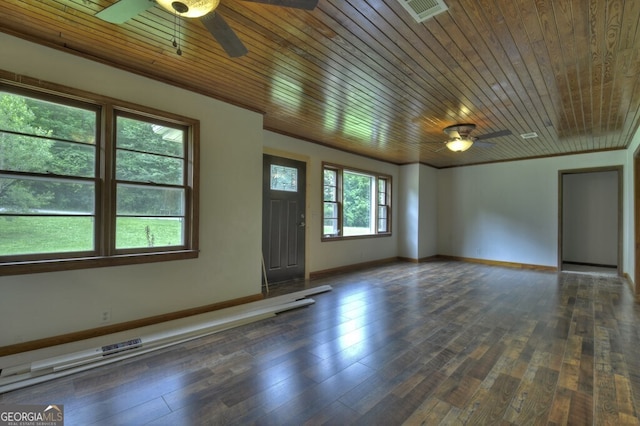 unfurnished room with dark hardwood / wood-style flooring, wooden ceiling, ornamental molding, and ceiling fan