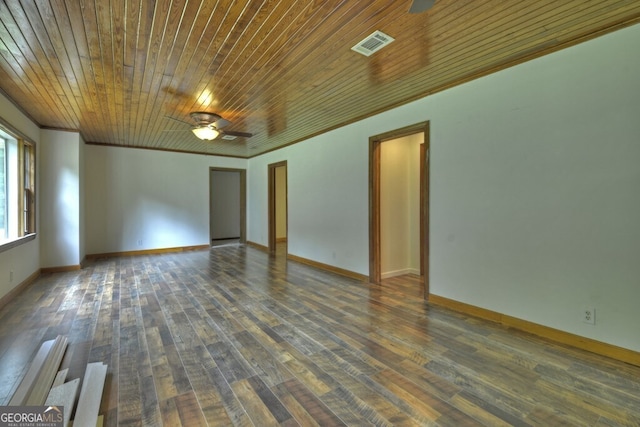 spare room with wooden ceiling, ceiling fan, crown molding, and dark hardwood / wood-style floors