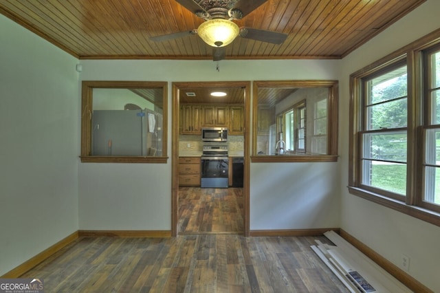 interior space featuring plenty of natural light, crown molding, and dark wood-type flooring