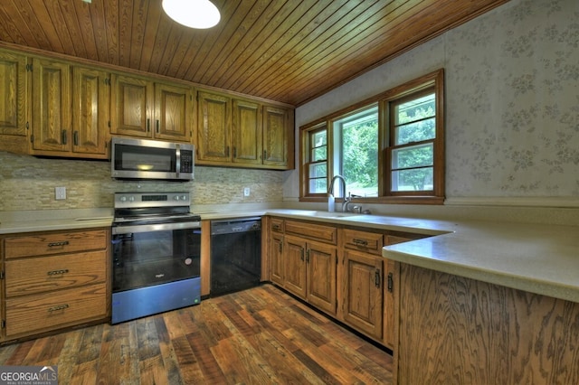 kitchen featuring wood ceiling, stainless steel appliances, dark wood-type flooring, sink, and backsplash