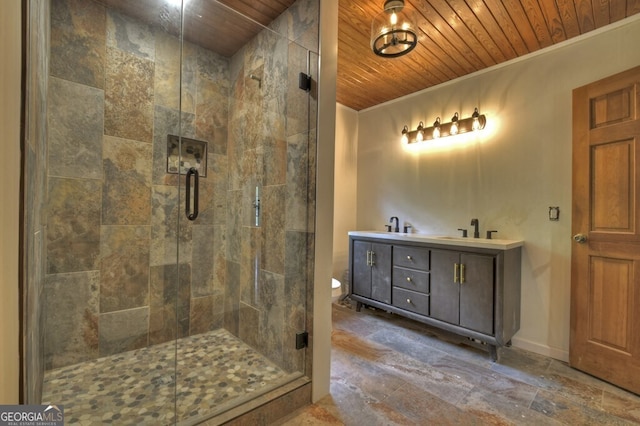 bathroom with wooden ceiling, toilet, vanity, ornamental molding, and a shower with door