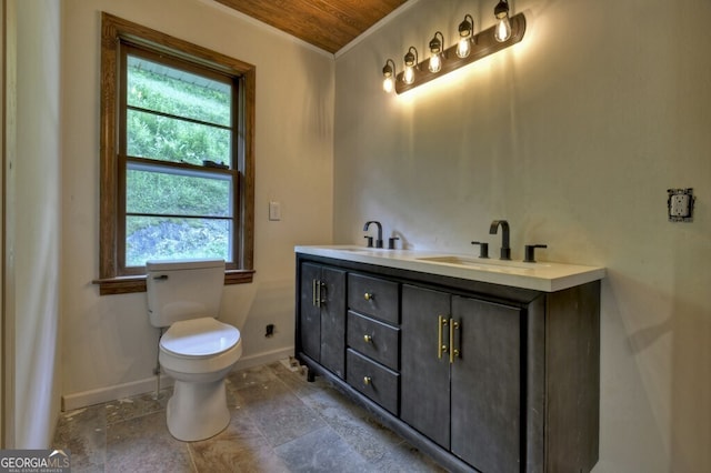 bathroom with toilet, wooden ceiling, and vanity