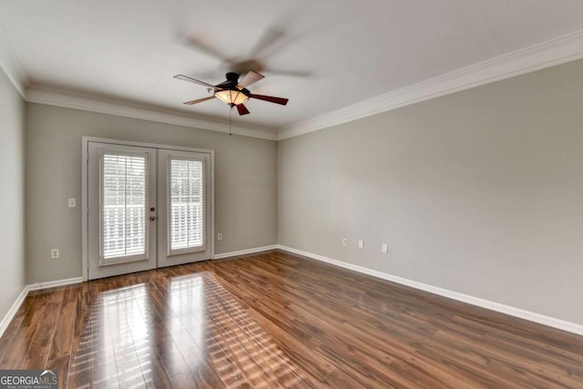 unfurnished room with ceiling fan, french doors, dark hardwood / wood-style floors, and crown molding