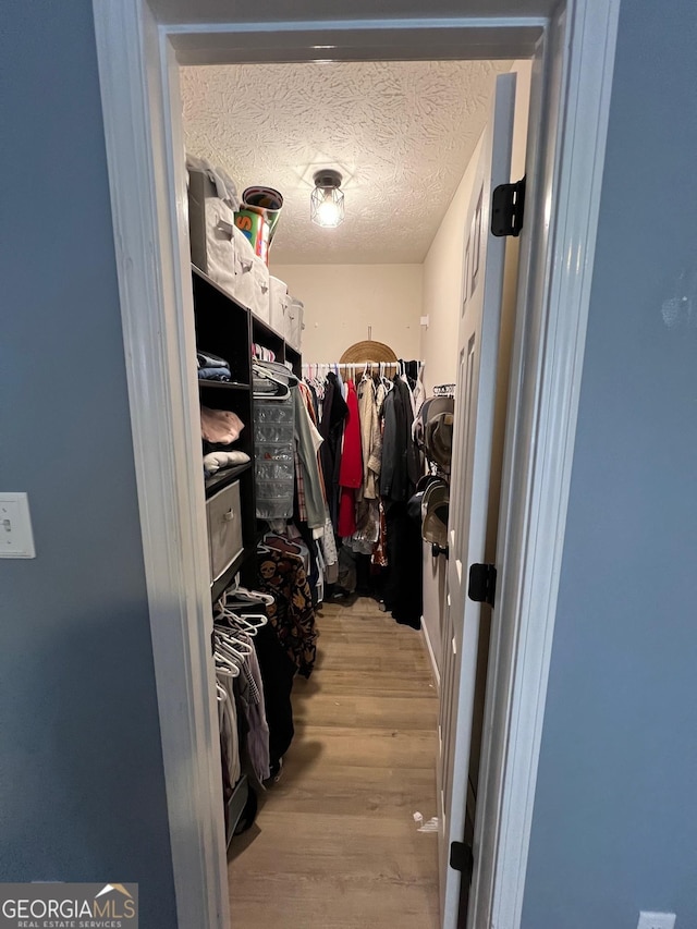 walk in closet with light hardwood / wood-style flooring