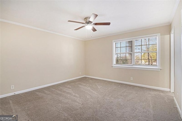 unfurnished room featuring carpet floors, ceiling fan, and crown molding