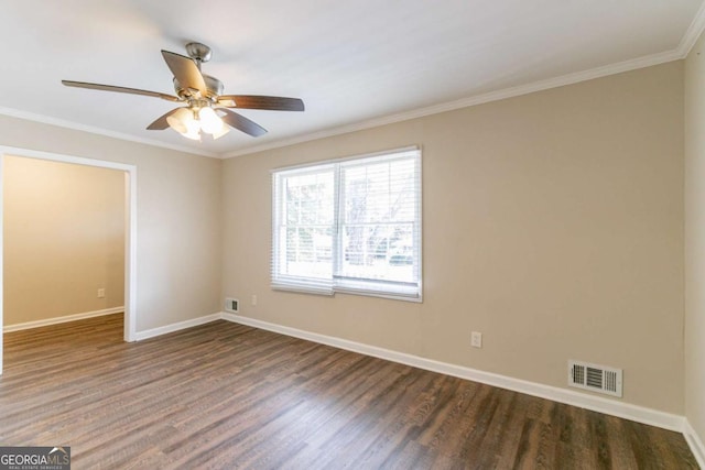 unfurnished room featuring ceiling fan, crown molding, and dark hardwood / wood-style floors