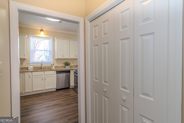 kitchen with dark hardwood / wood-style floors, stainless steel appliances, white cabinets, stone counters, and sink