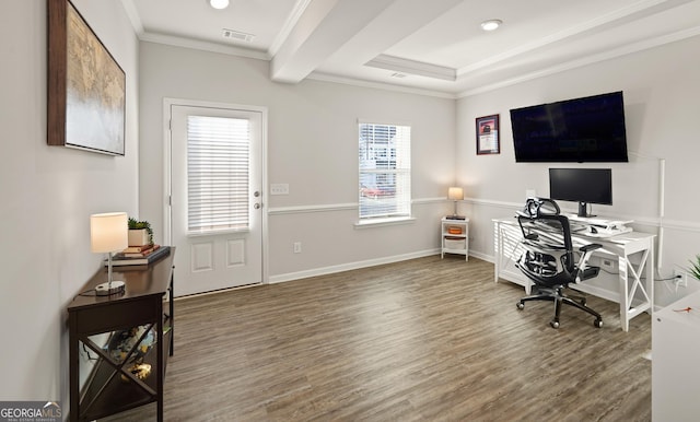 home office featuring dark wood-type flooring and ornamental molding