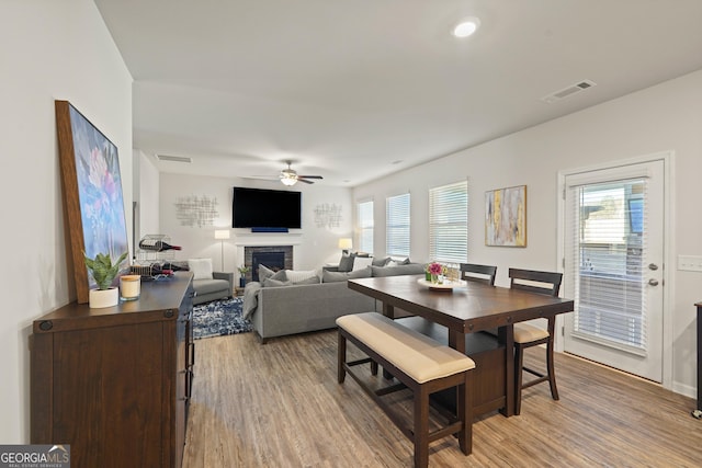 dining area with light wood-type flooring, ceiling fan, and plenty of natural light