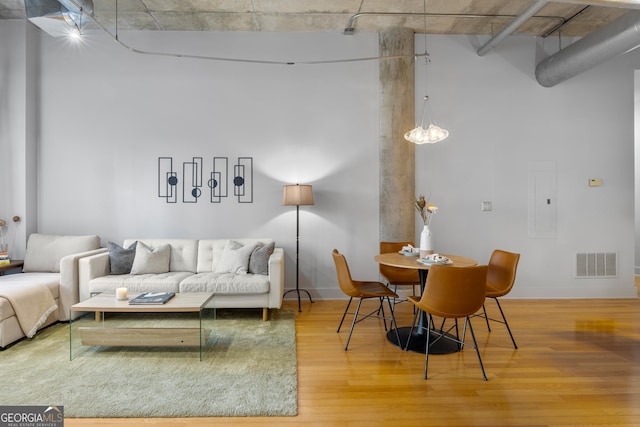 living room featuring wood-type flooring and electric panel