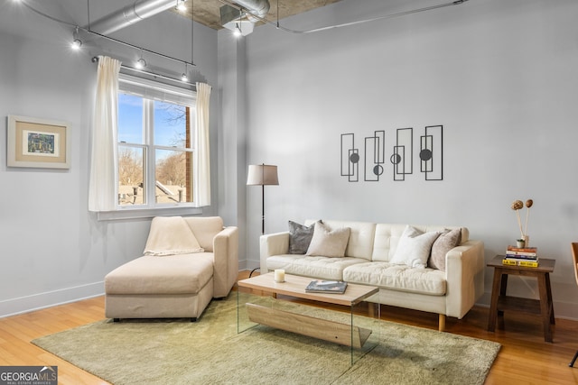 living room with wood-type flooring and rail lighting