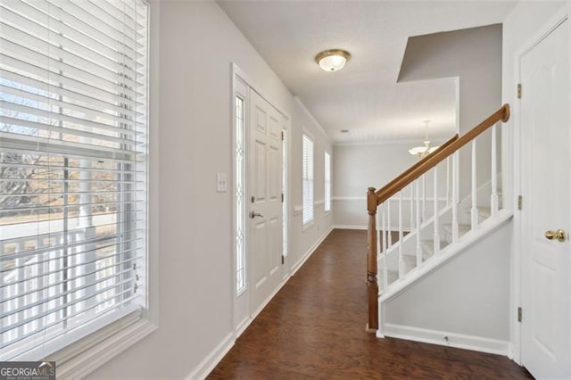 entryway with dark hardwood / wood-style flooring and a chandelier