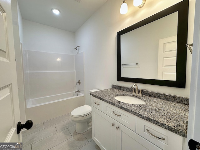 full bathroom with shower / bathing tub combination, tile patterned flooring, toilet, and vanity