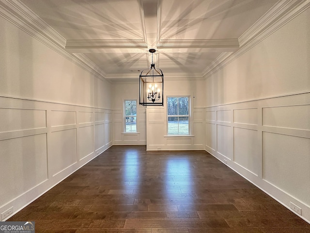 interior space with a notable chandelier, dark hardwood / wood-style flooring, crown molding, and beamed ceiling