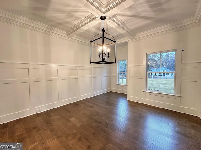 unfurnished dining area featuring coffered ceiling, ornamental molding, a chandelier, and beamed ceiling