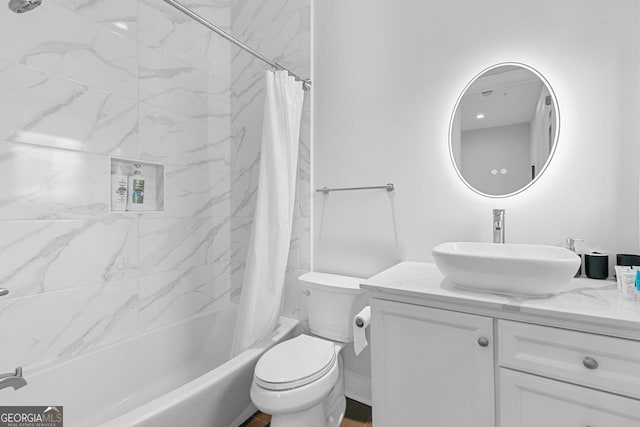 full bathroom with toilet, vanity, and shower / bathtub combination with curtain