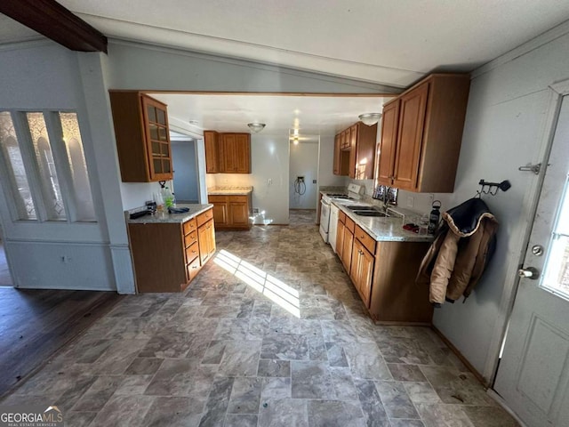 kitchen with light stone counters, white gas stove, ornamental molding, and vaulted ceiling with beams