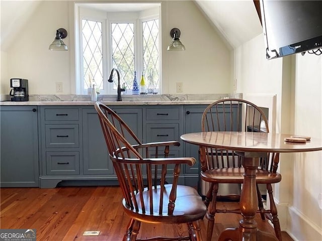 interior space with dark wood-style floors, vaulted ceiling, and a sink