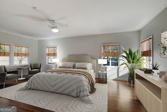 bedroom featuring ceiling fan, dark hardwood / wood-style flooring, access to outside, and multiple windows