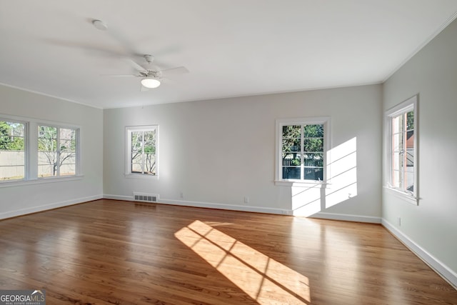 spare room featuring wood-type flooring and ceiling fan