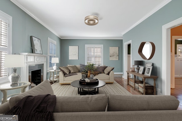 living room with ornamental molding, a fireplace, and wood-type flooring