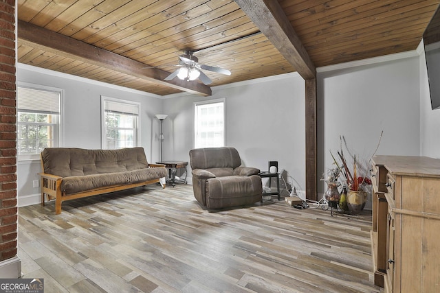 living room featuring beamed ceiling, light hardwood / wood-style floors, and wooden ceiling