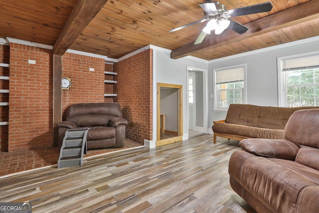 living room featuring brick wall, light hardwood / wood-style floors, wood ceiling, and beam ceiling