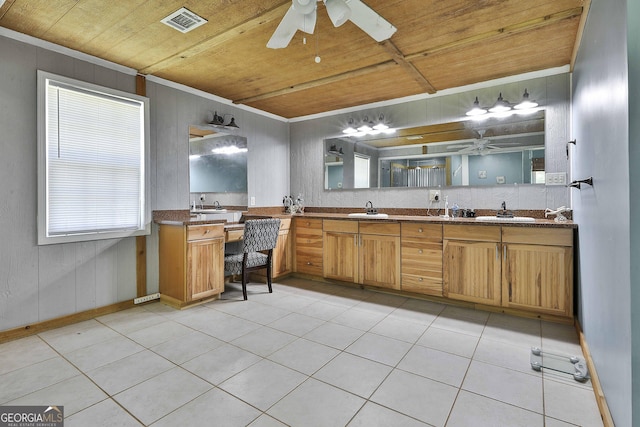 bathroom featuring ornamental molding, wooden ceiling, and tile patterned floors