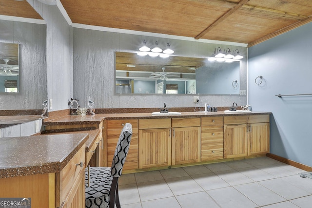 bathroom with tile patterned flooring, wood walls, wood ceiling, crown molding, and vanity