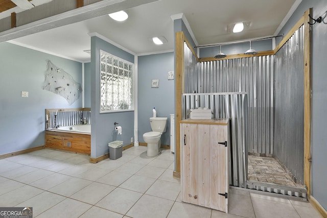 bathroom featuring toilet, tile patterned flooring, independent shower and bath, and crown molding