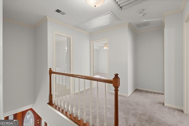 corridor featuring light carpet, a textured ceiling, and crown molding