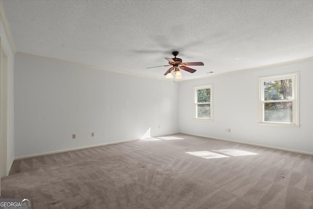 empty room with crown molding, a healthy amount of sunlight, and light colored carpet