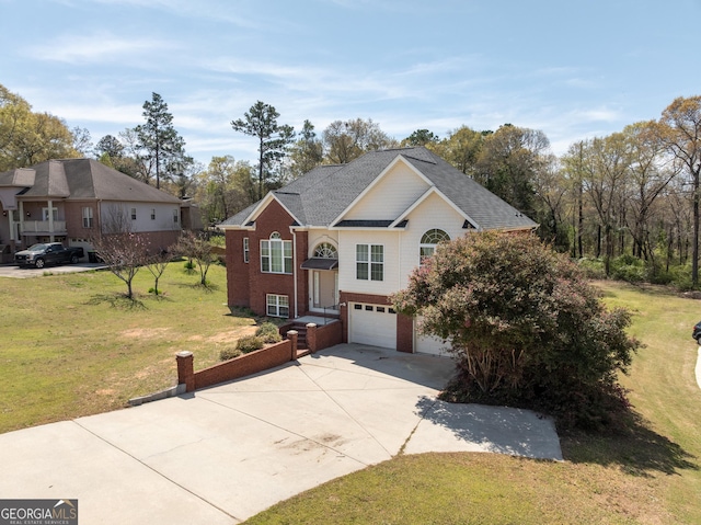 view of front of property with driveway, a front yard, brick siding, a garage, and a shingled roof