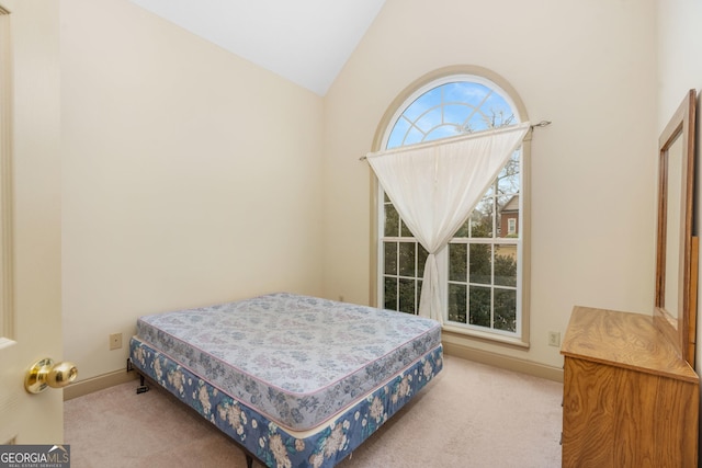 bedroom featuring baseboards, carpet floors, and lofted ceiling
