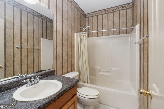 full bath featuring shower / bathtub combination with curtain, toilet, wooden walls, and vanity