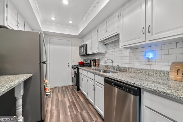 kitchen with stainless steel appliances, a raised ceiling, white cabinetry, and sink