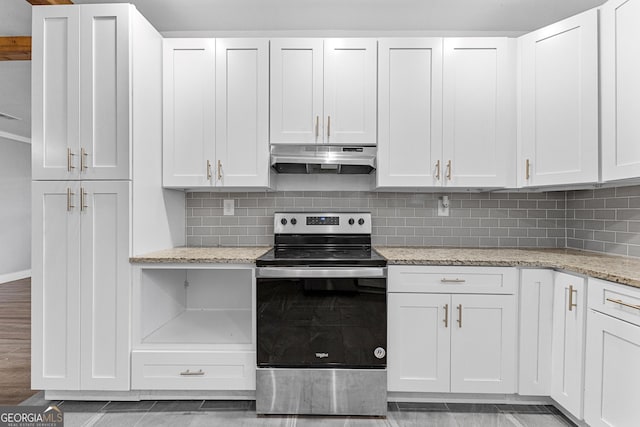 kitchen with white cabinetry, light wood-type flooring, stainless steel electric range, decorative backsplash, and light stone countertops