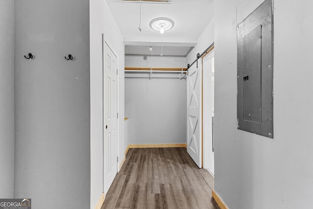 spacious closet featuring hardwood / wood-style floors, electric panel, and a barn door