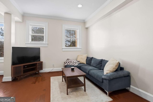 living room featuring ornamental molding and hardwood / wood-style flooring