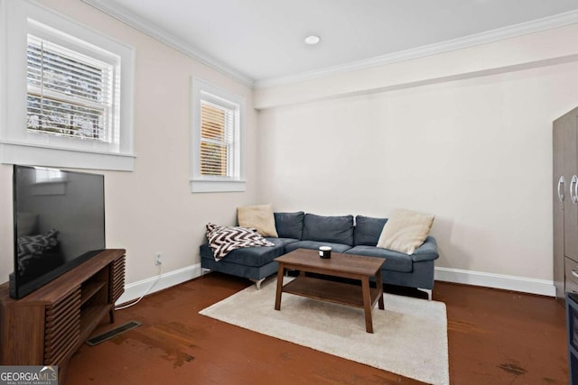 living room featuring crown molding and dark hardwood / wood-style floors