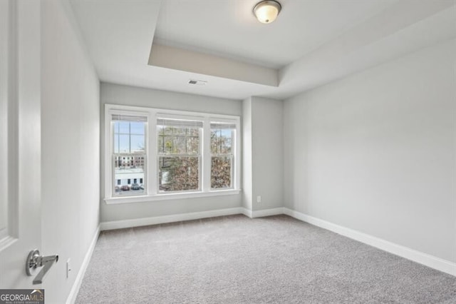 carpeted spare room featuring a tray ceiling