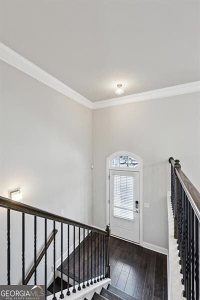 entryway featuring crown molding and dark wood-type flooring