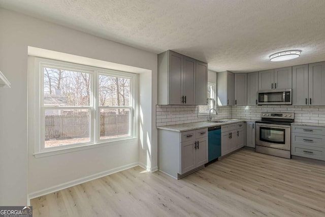 kitchen featuring stainless steel appliances, sink, a textured ceiling, backsplash, and gray cabinets