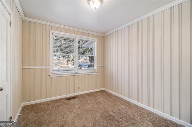 carpeted spare room featuring ornamental molding