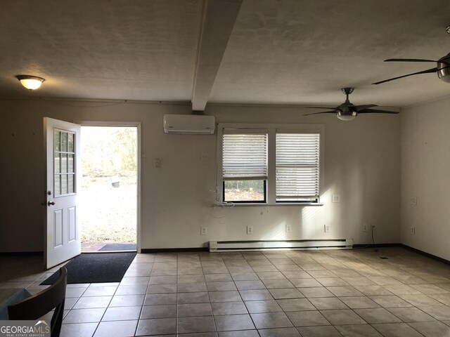 foyer entrance with beamed ceiling, light tile patterned floors, ceiling fan, a wall mounted air conditioner, and a baseboard radiator