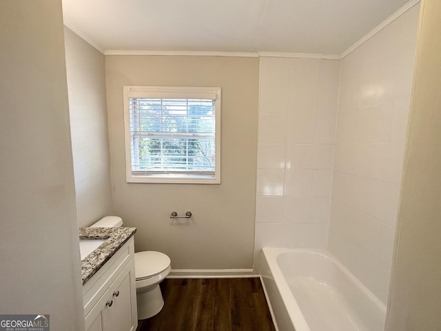 full bathroom with toilet, vanity, hardwood / wood-style floors, and crown molding