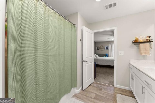 bathroom with vanity and hardwood / wood-style floors