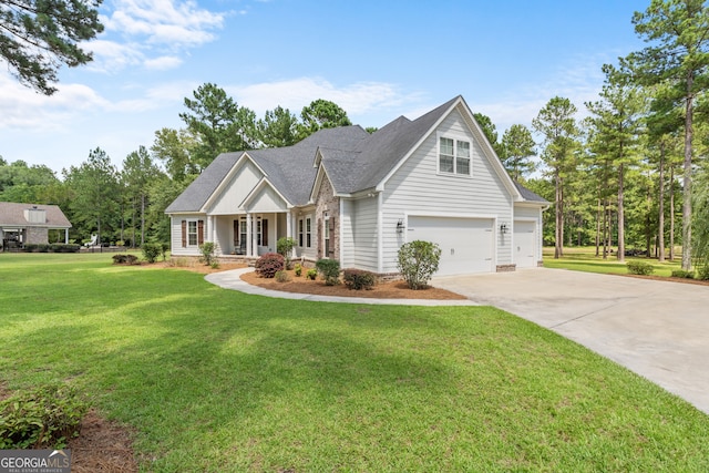 craftsman inspired home featuring a porch, a front lawn, and a garage